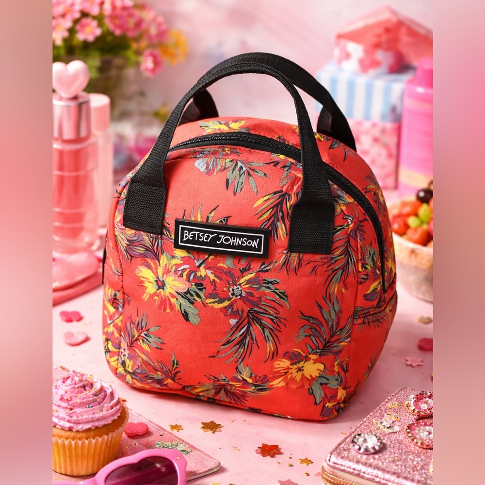 Betsey Johnson Floral Insulated Lunch Bag Coral Tropical Print Tote - Picture 2 of 9
